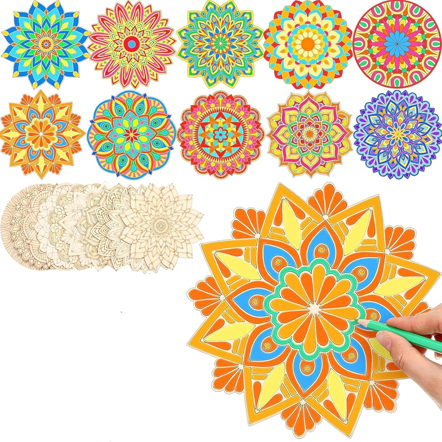 Colorful mandala designs on paper with a hand holding a marker.