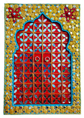 Decorative wall art with a red and yellow pattern