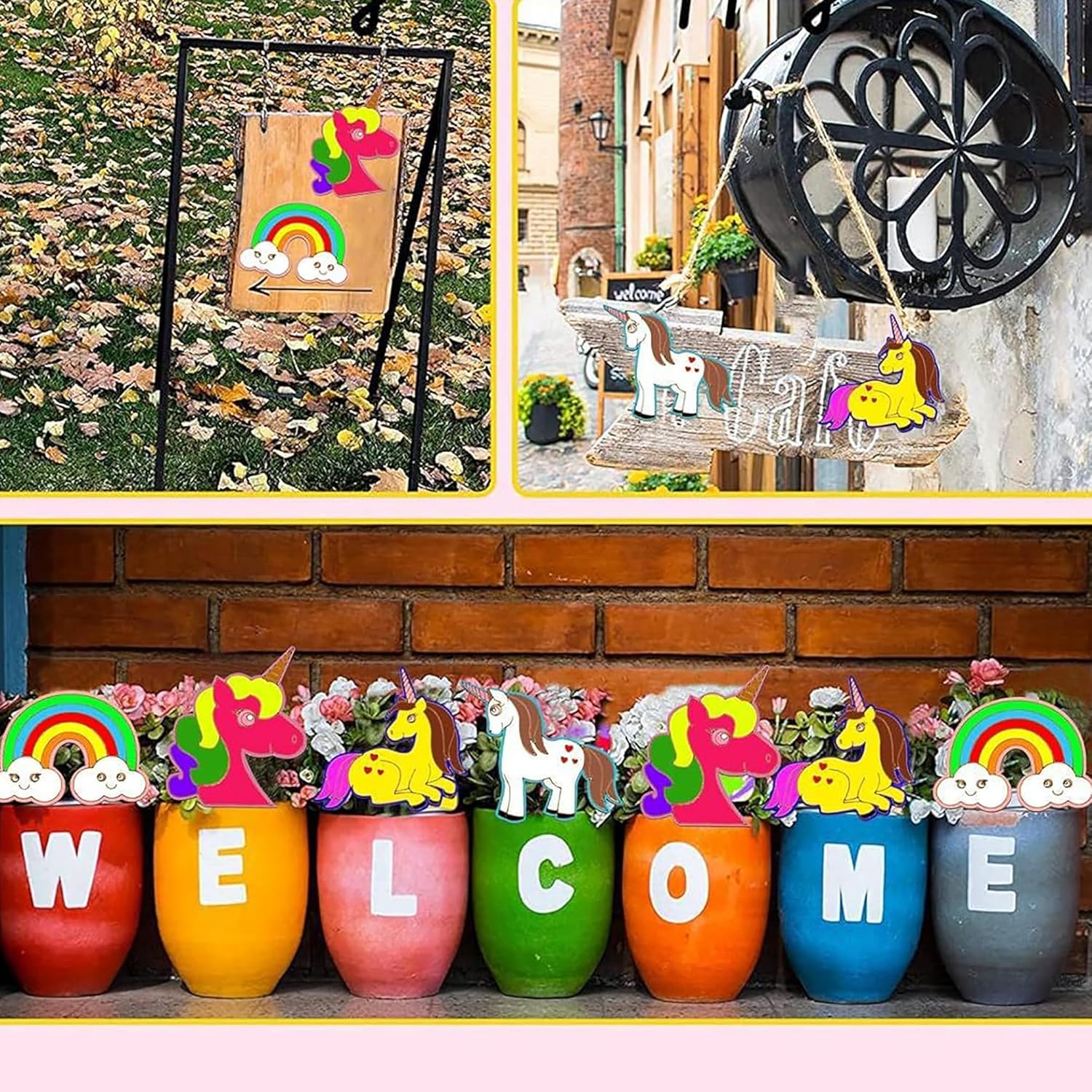Colorful decorative pots spelling 'WELCOME' with cartoon characters on a brick wall background.