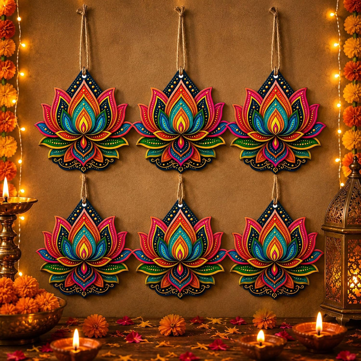 Lotus Shape MDF Wooden Craft Base for DIY Art & Craft, Printed Lotus Cutout for Painting, Diwali DIY Projects, 3.5 x 3.4 Inch, Pack of 6, Cliths