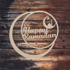 Decorative sign with 'Happy Ramadan' text on a wooden background