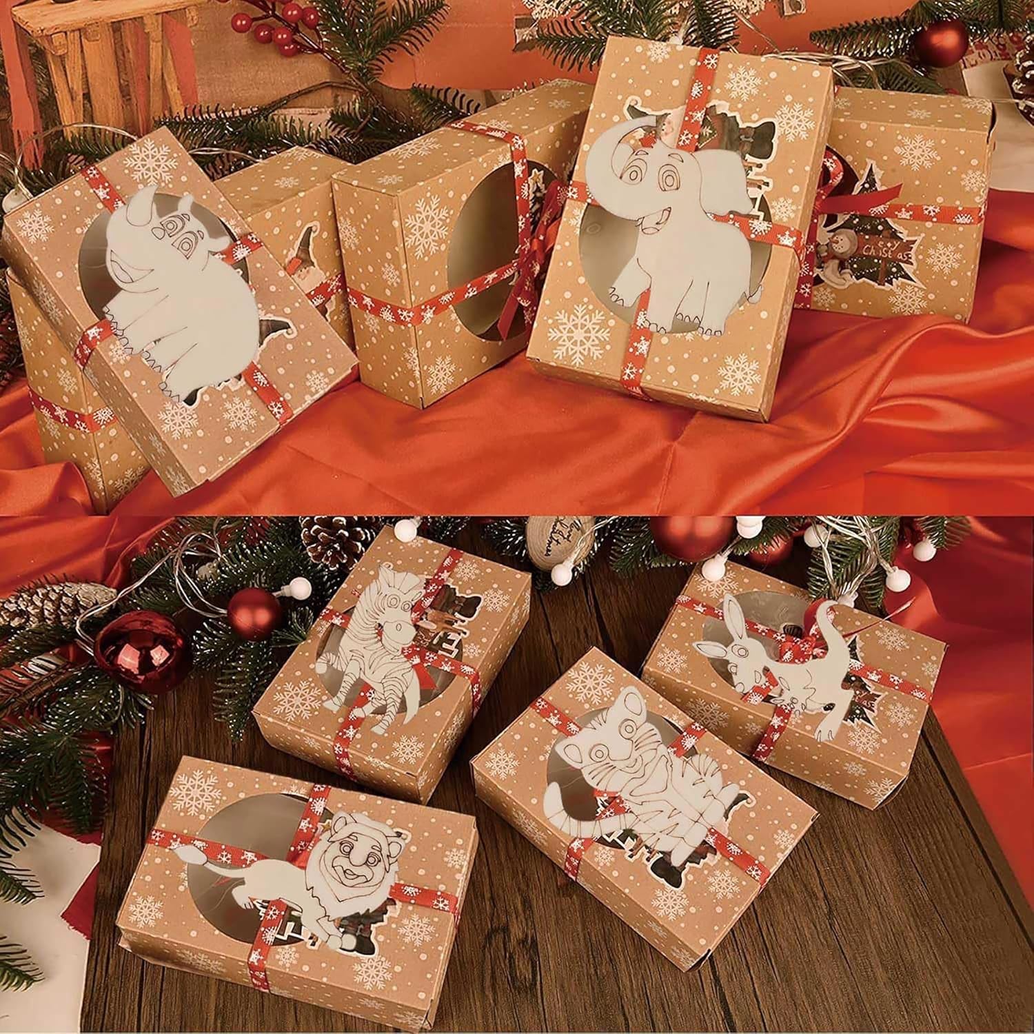Decorative gift boxes with animal illustrations on a festive background