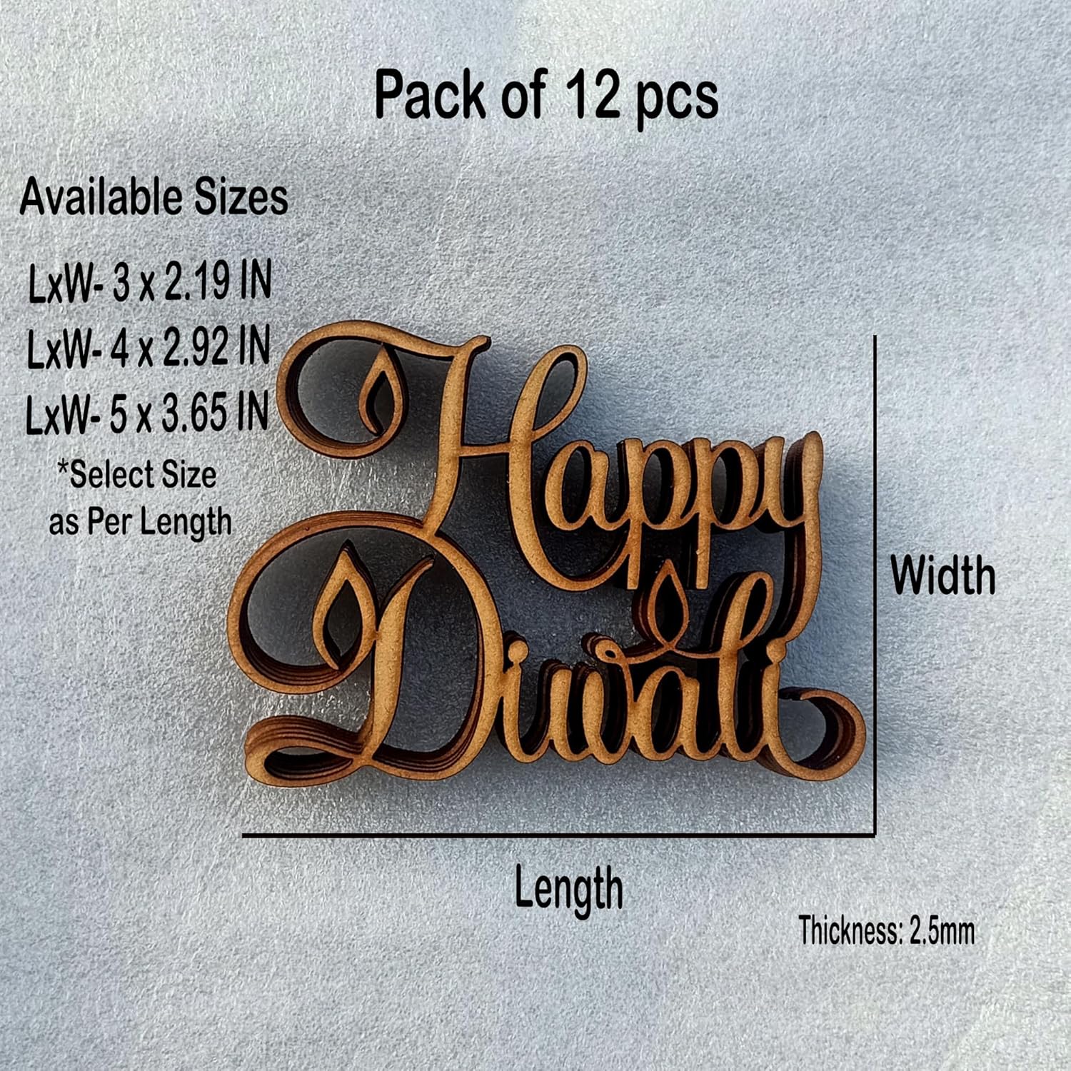 Wooden decorative item with 'Happy Diwali' text on a gray background