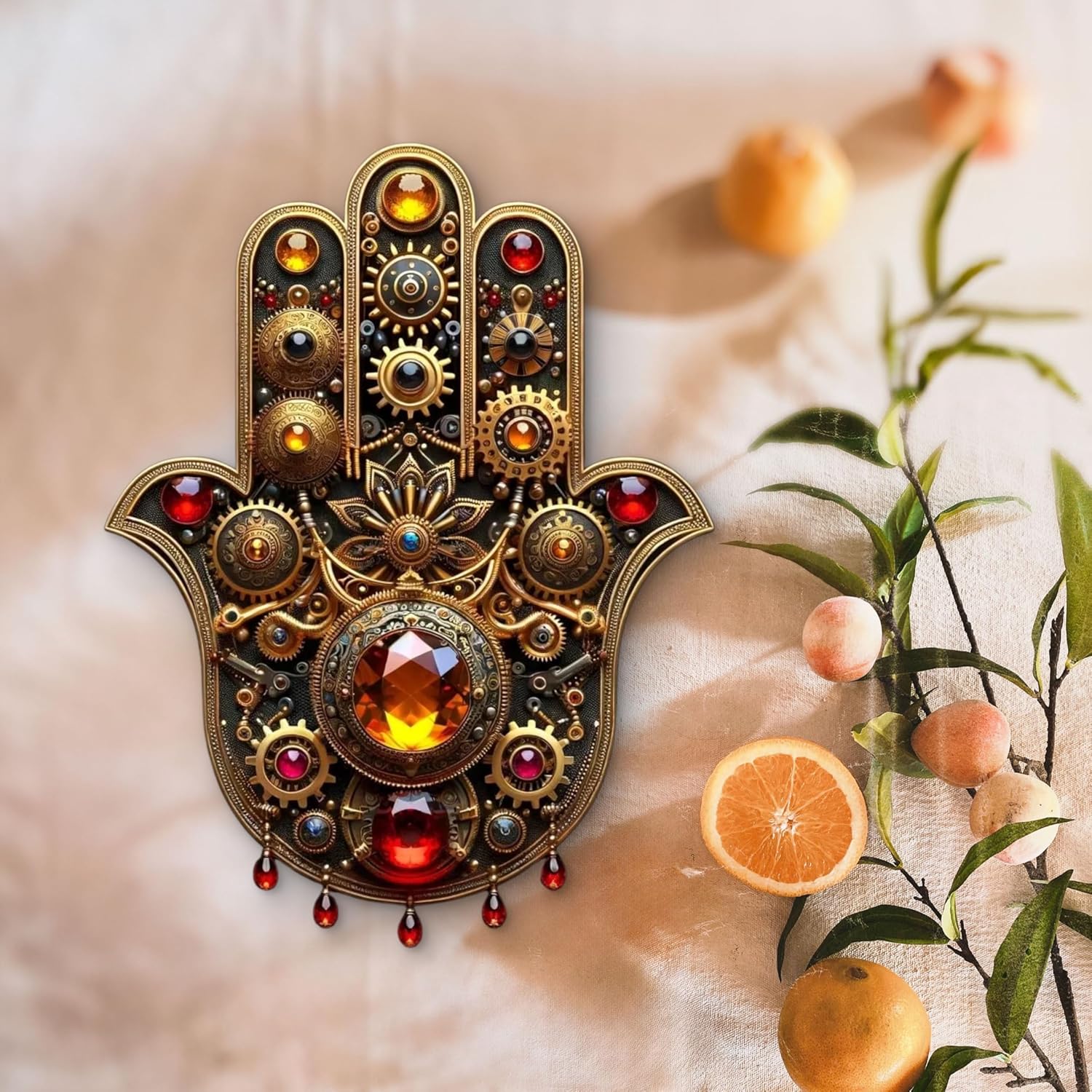 Decorative hamsa hand with gemstones on a textured surface with fruits and leaves.