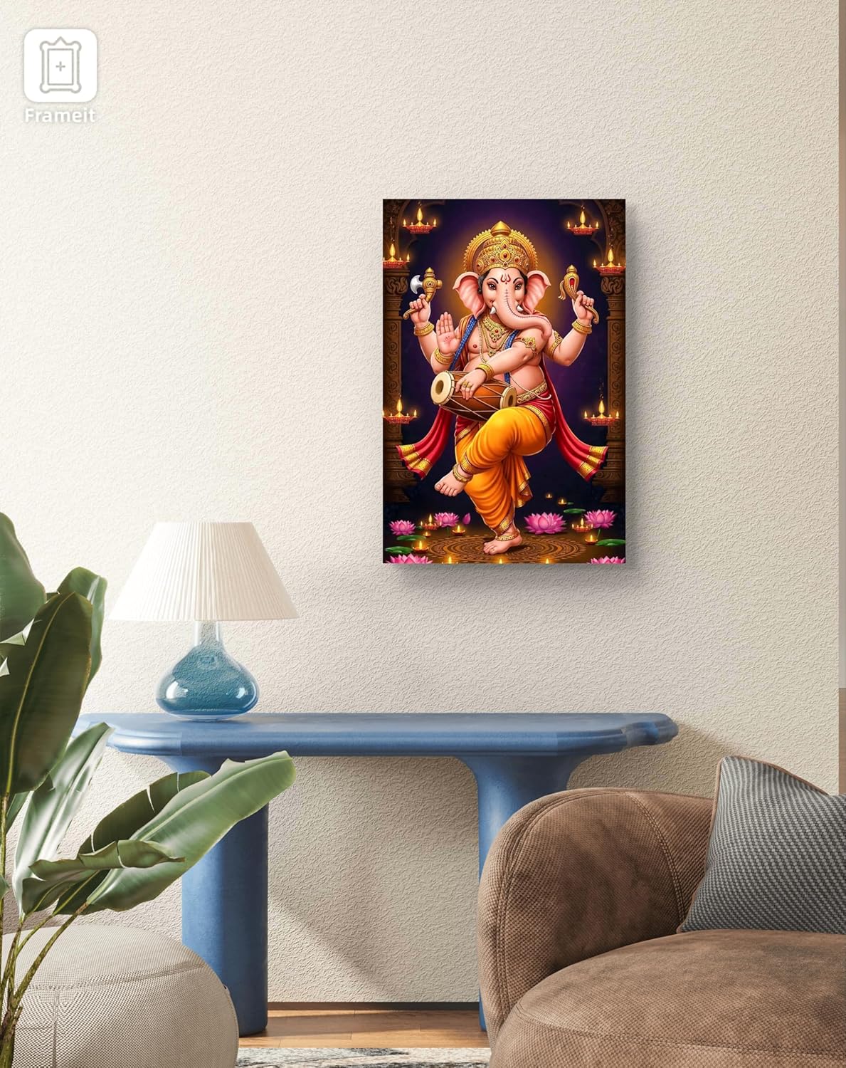 Decorative wall art of a神灵 figure on a wall in a living room setting.