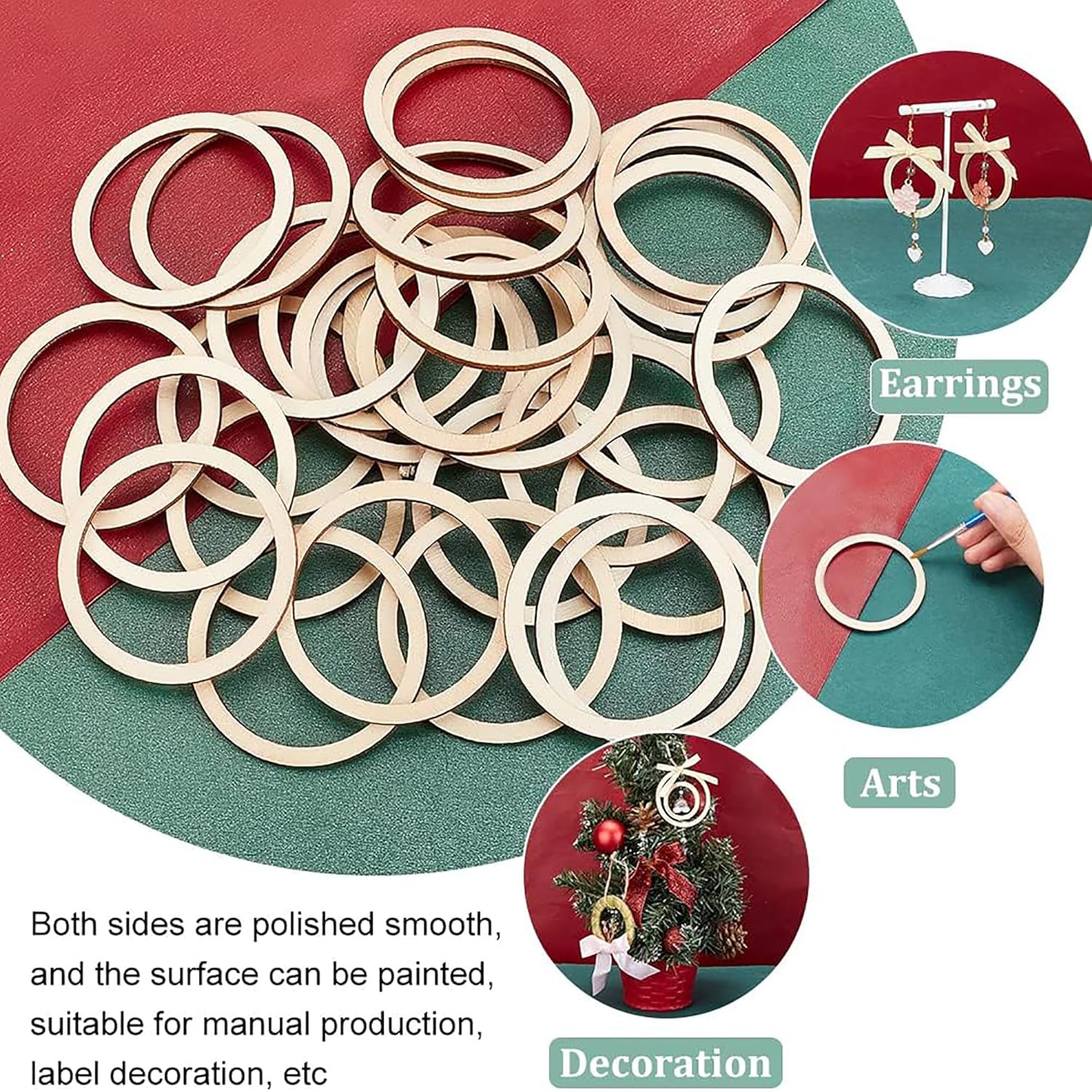 Wooden rings on a red and green background with examples of earrings and decoration.