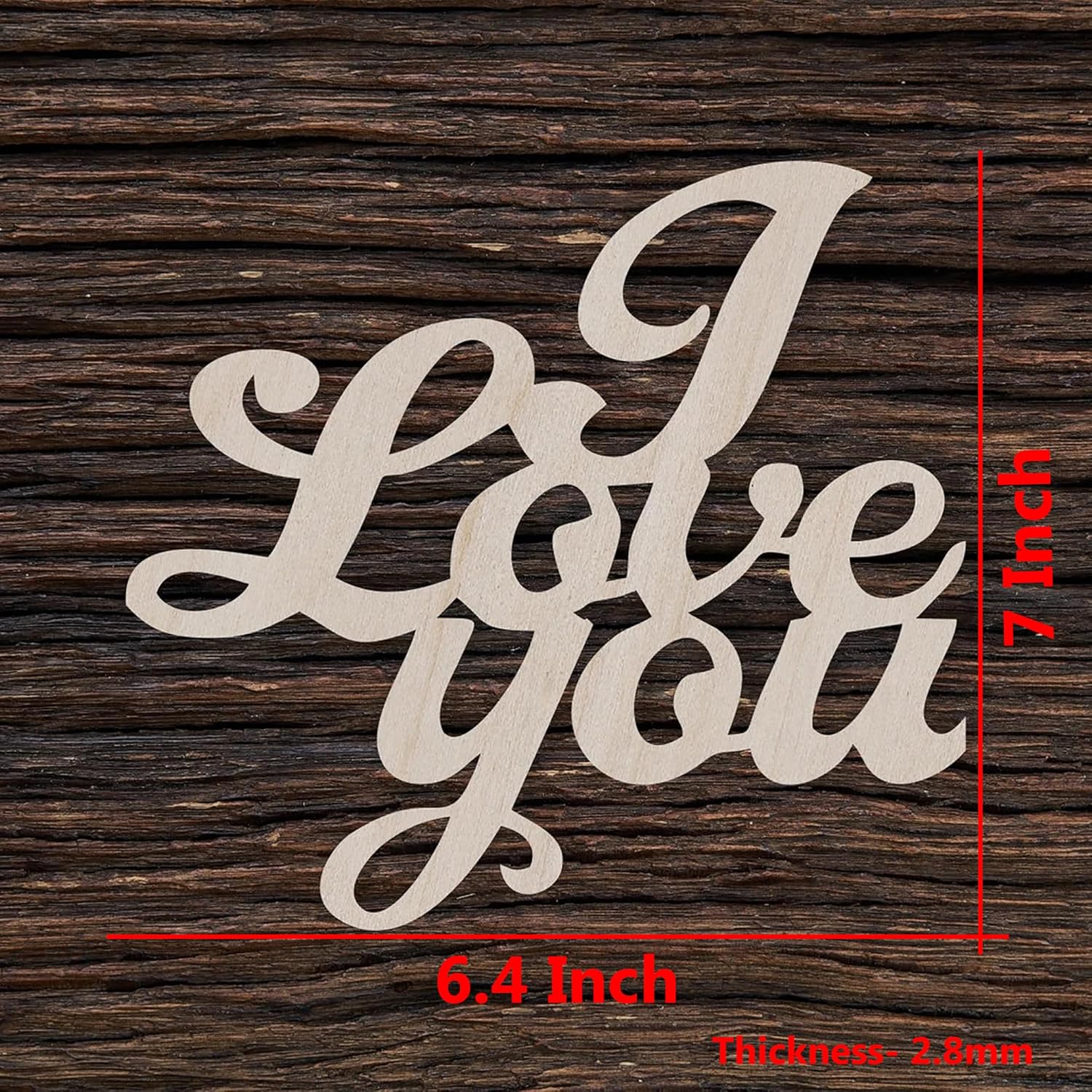 Wooden cutout with 'I Love You' text on a wooden background