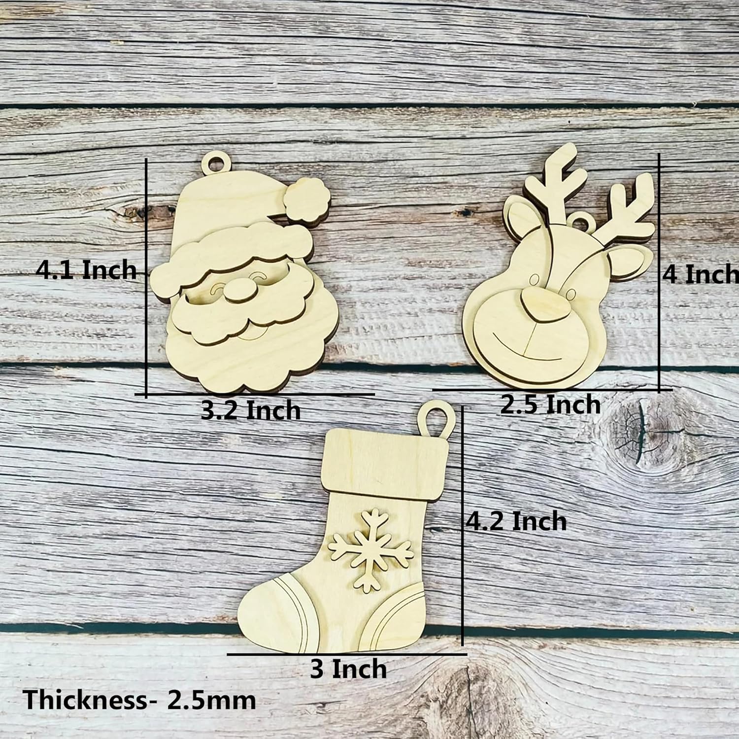 Wooden Christmas ornaments with measurements on a wooden background