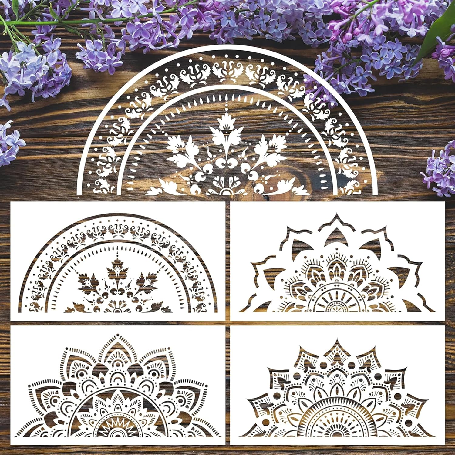 Set of decorative stencils with floral patterns on a wooden background with purple flowers.