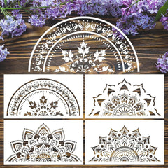 Set of decorative stencils with floral patterns on a wooden background with purple flowers.