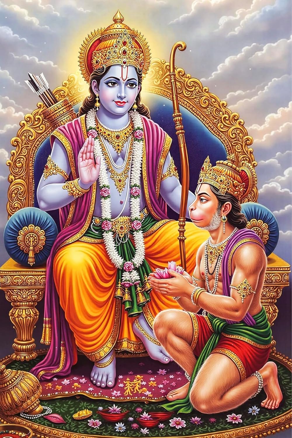 Colorful depiction of a seated deity with another figure kneeling, set against a cloudy sky.