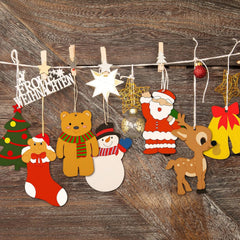 Set of Christmas-themed wooden decorations hanging on a string with a wooden background.