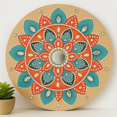 Decorative circular wall art with mandala design on a beige background
