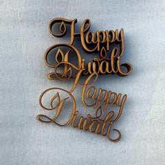 Wooden 'Happy Diwali' decoration on a light gray background