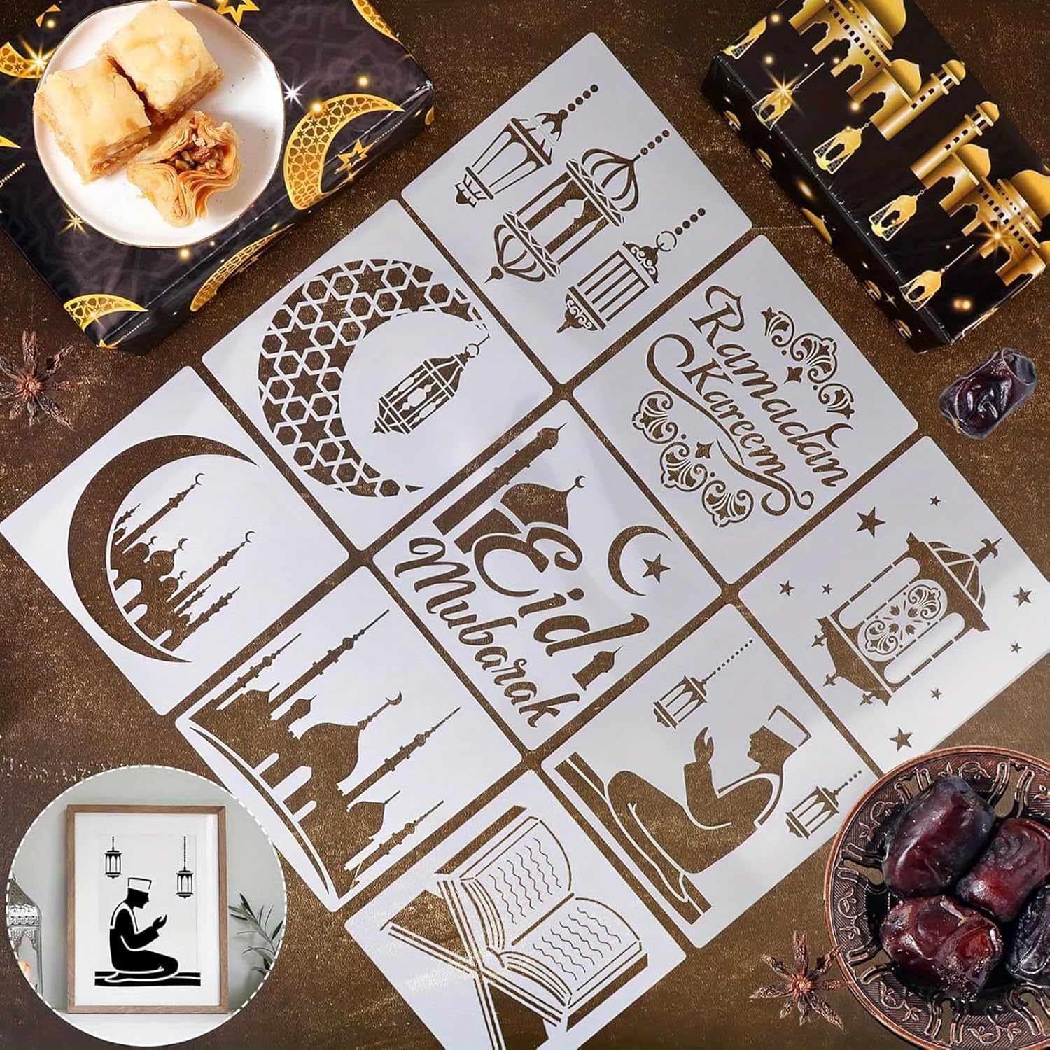 Decorative stencils with Ramadan and Eid designs on a wooden surface with dates and cookies.