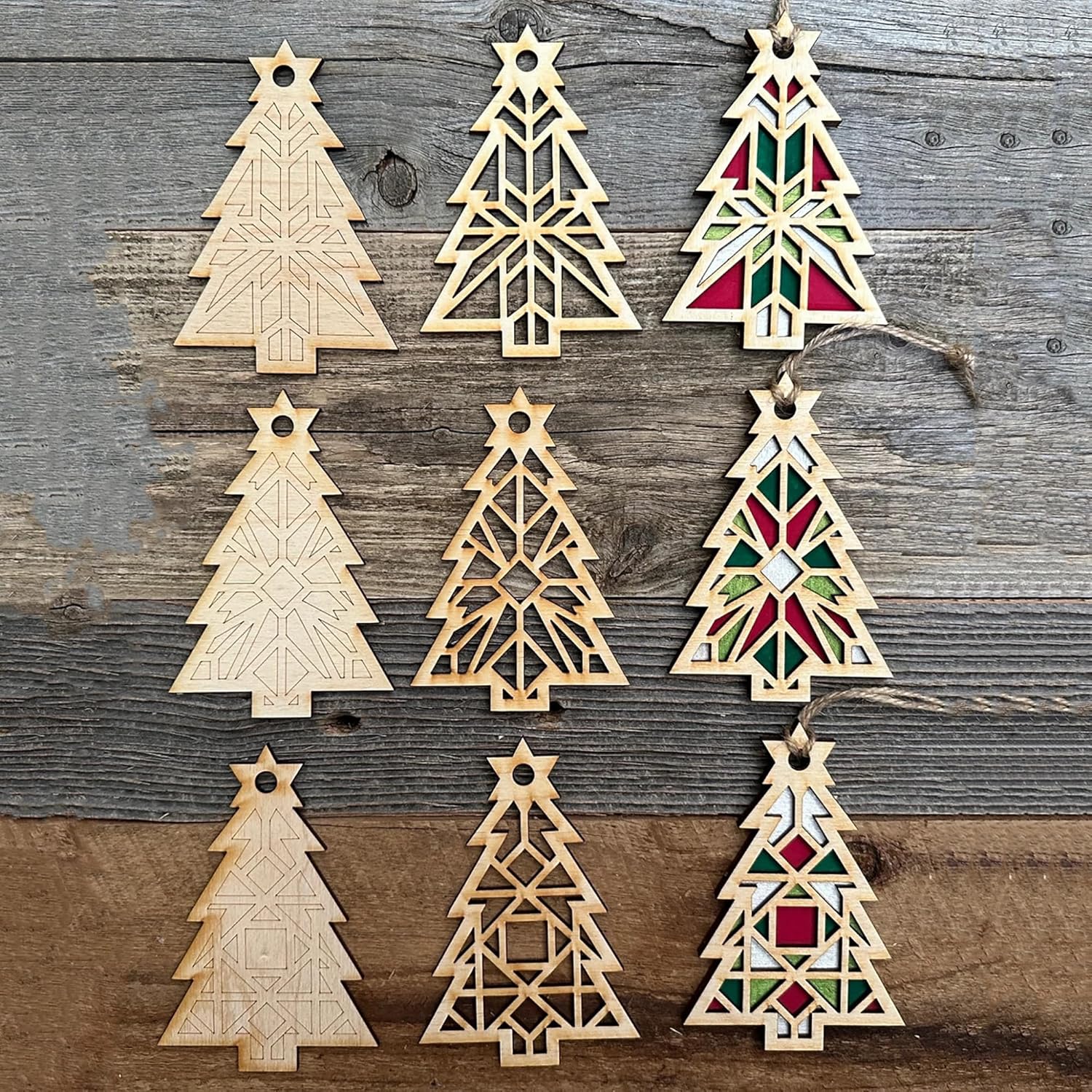 Wooden Christmas tree ornaments on a rustic wooden surface
