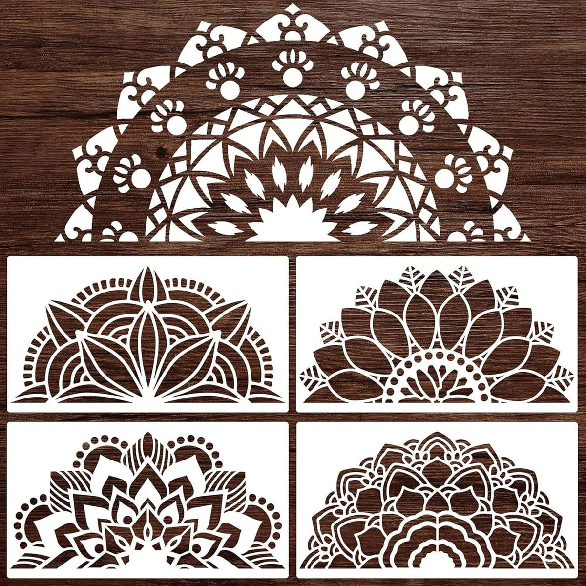 Set of five decorative mandala designs on a wooden background