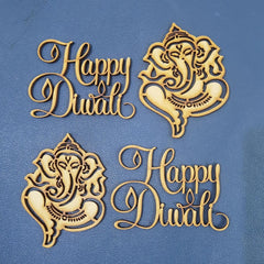 Decorative cutouts with 'Happy Diwali' text and Ganesha figures on a blue background