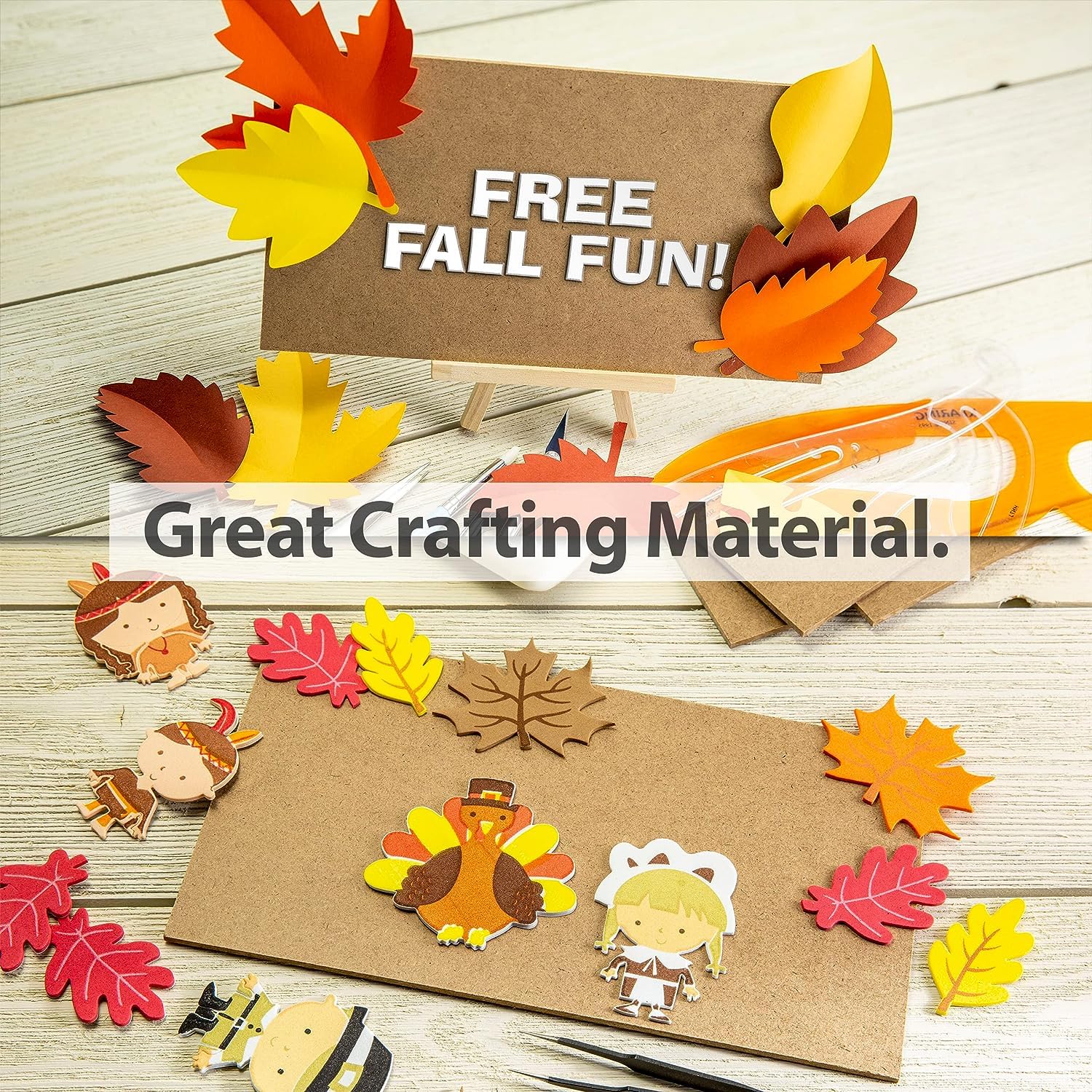 Crafting materials with fall-themed cutouts and leaves on a wooden surface.