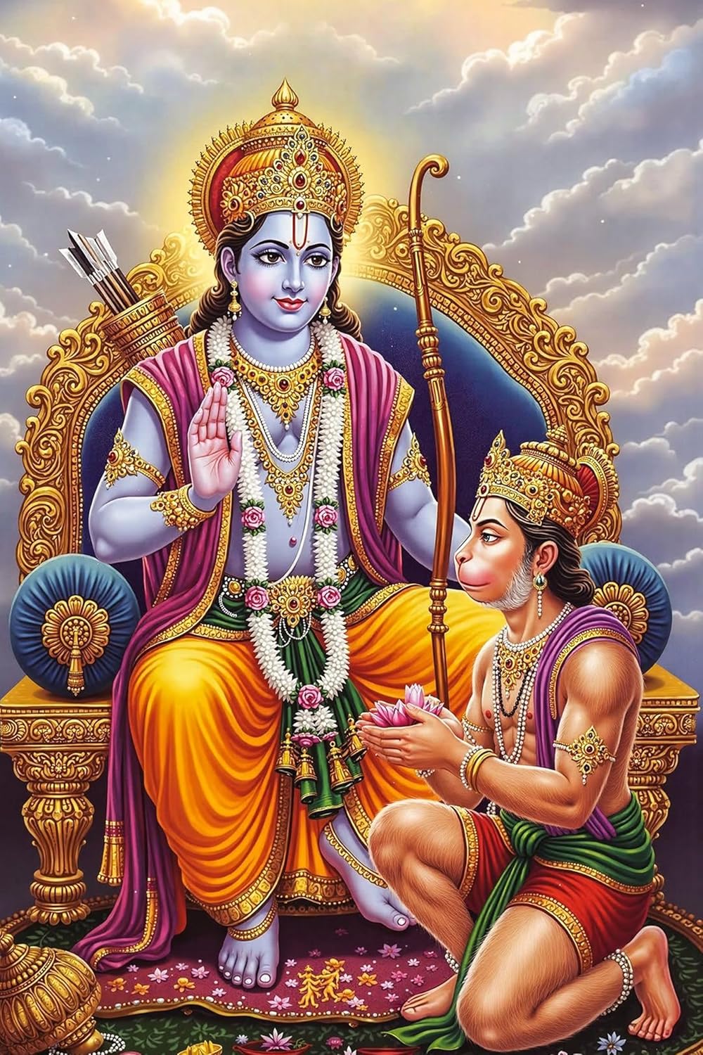 Two deities in ornate attire with a celestial background