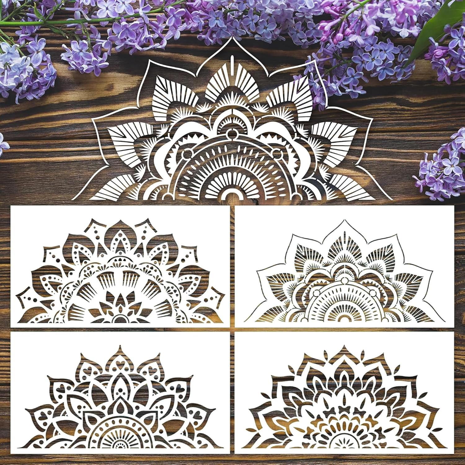 Set of four decorative mandala designs on a wooden surface with purple flowers.