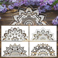Set of four decorative mandala designs on a wooden surface with purple flowers.