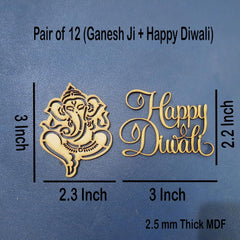 Decorative cutout of Ganesh Ji and 'Happy Diwali' text with measurements on a blue background