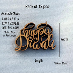 Wooden 'Happy Diwali' decoration with dimensions on a gray background