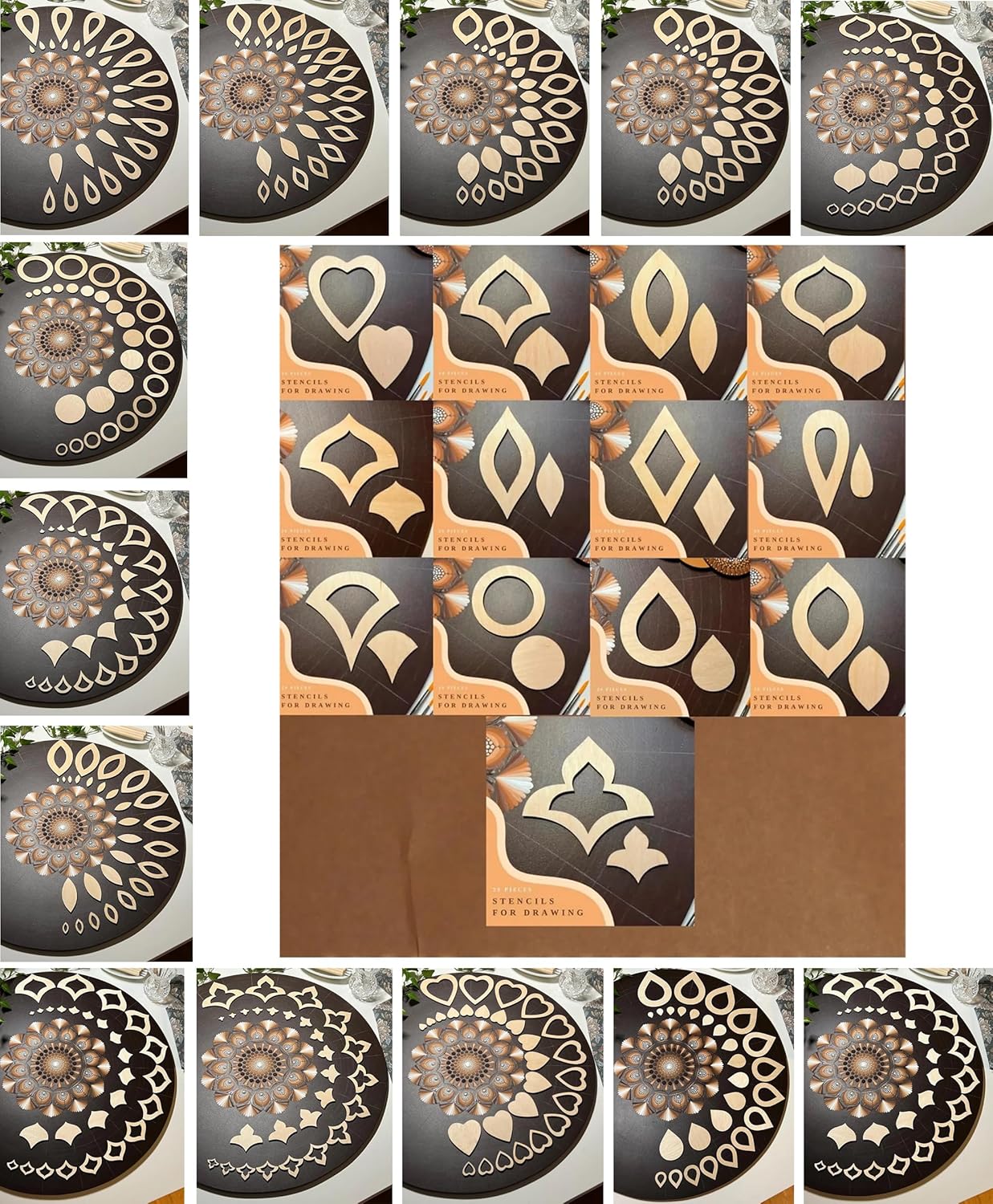 Collage of decorative stencils with intricate patterns on a brown background.