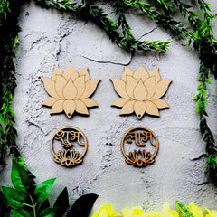 Wooden lotus and decorative symbols on a textured surface with greenery around.