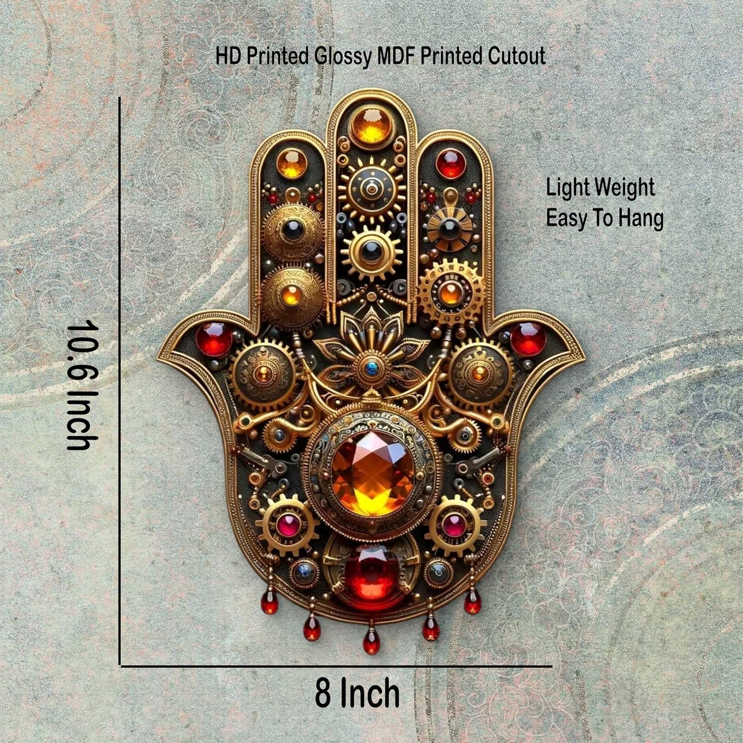 Decorative wall art with intricate design and measurements on a textured background