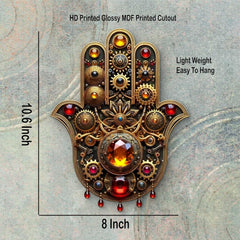 Decorative wall art with intricate design and measurements on a textured background