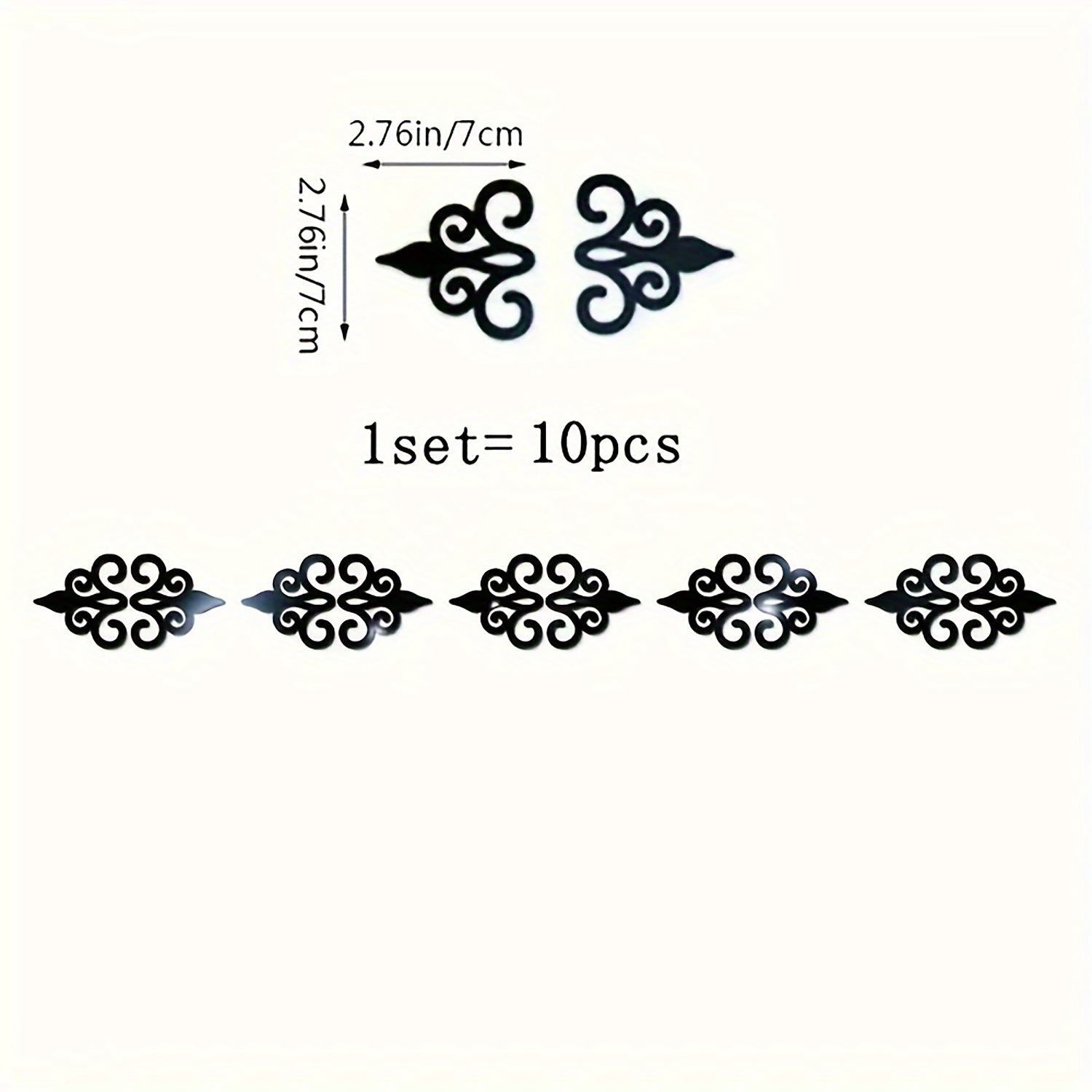 Decorative black patterns with measurements and quantity on a white background