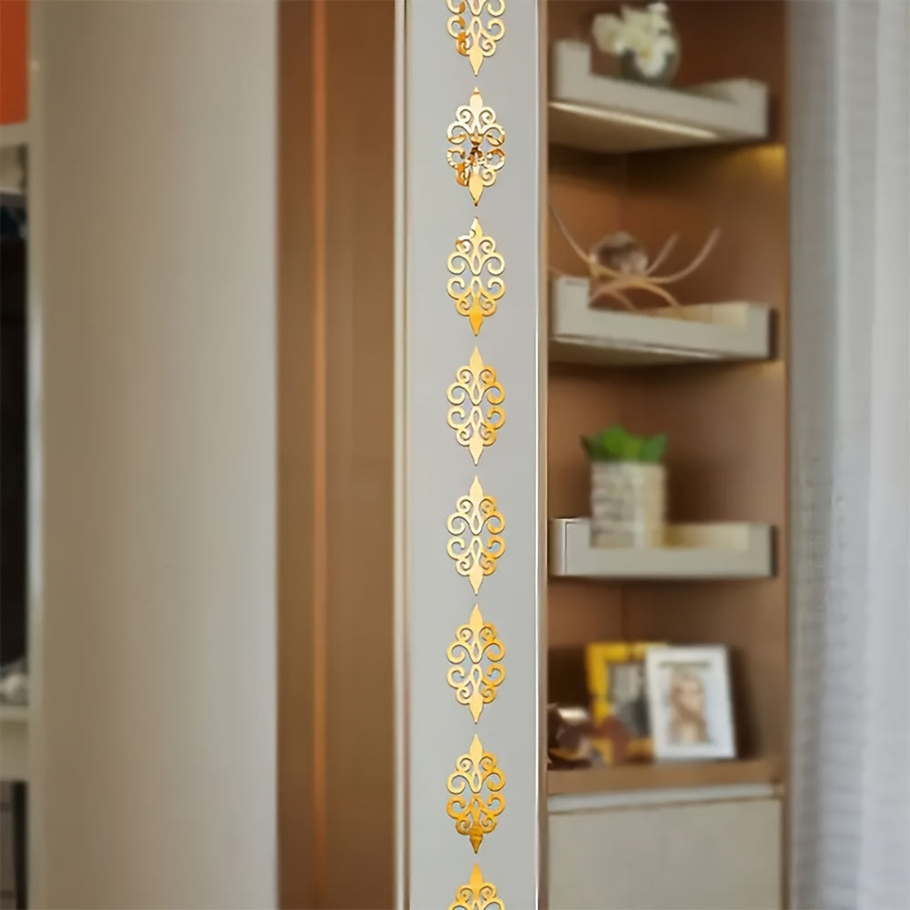 Decorative gold pattern on a door with a blurred background of shelves and decor.