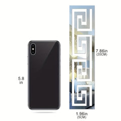 Phone case with dimensions labeled next to a smartphone on a white background