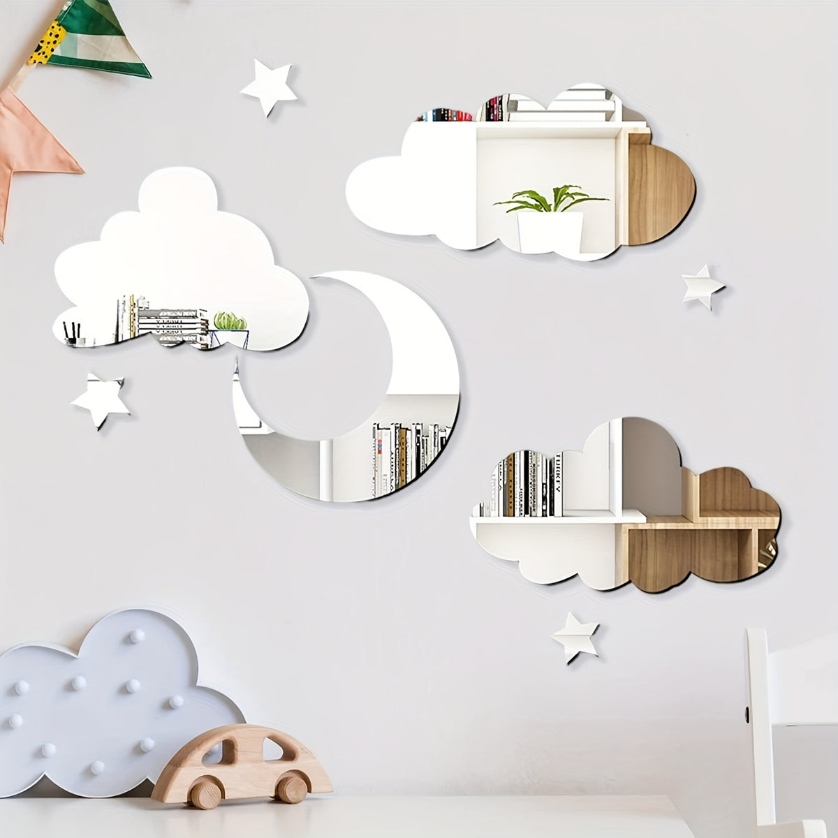 Cliths 8 Pcs Acrylic Mirror Wall Stickers Clouds Moon Stars  Home for Bedroom, Living Room,