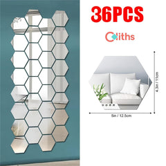 Hexagonal mirror tiles on a wall with Qoliths branding and product details.