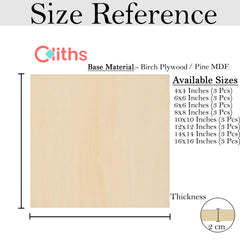 Size reference chart for wooden panels with Cliths branding and dimensions listed.