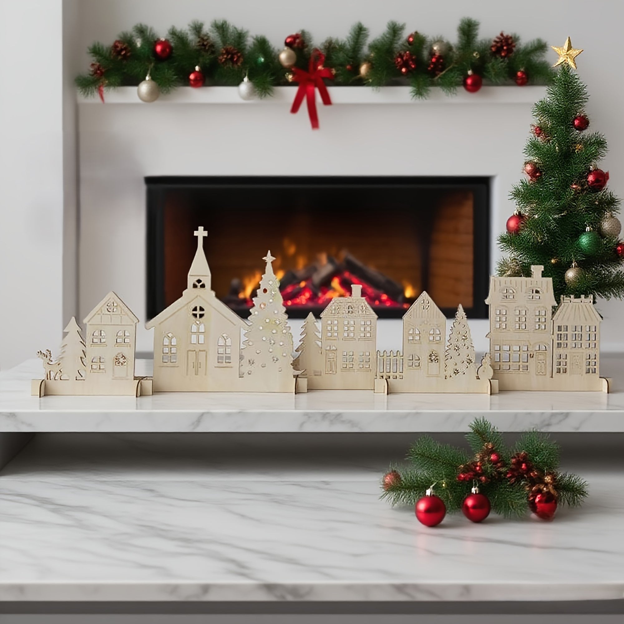 wooden christmas village tabletop decor