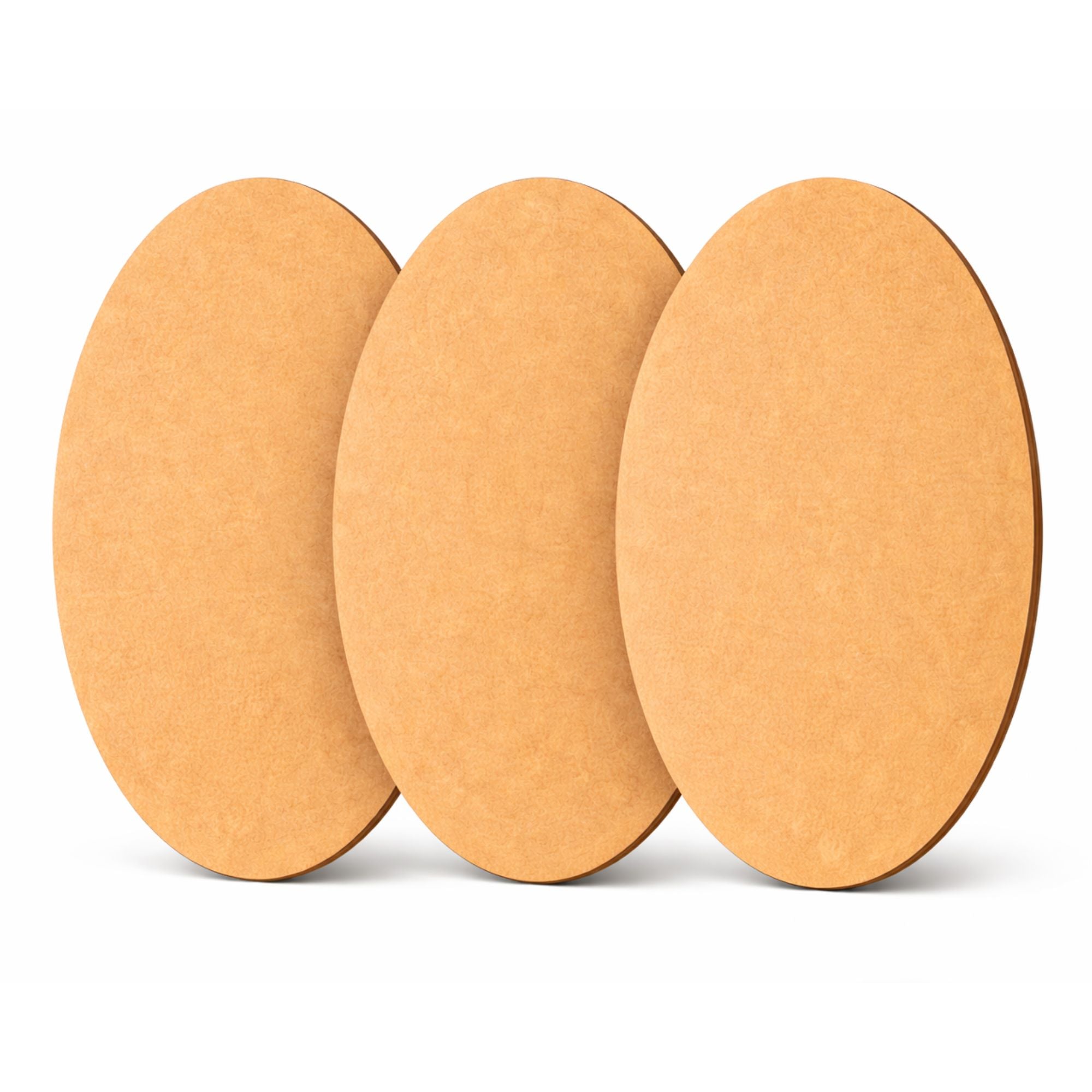 Three oval-shaped brown coasters on a white background