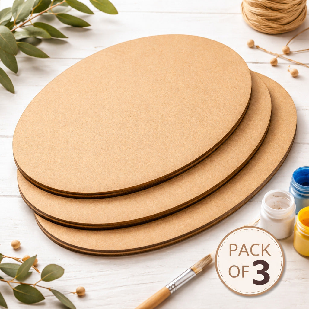 Three round cardboard cutouts on a white surface with decorative elements and a 'Pack of 3' label.