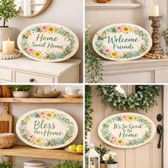 Decorative plates with floral designs and text in a home setting.
