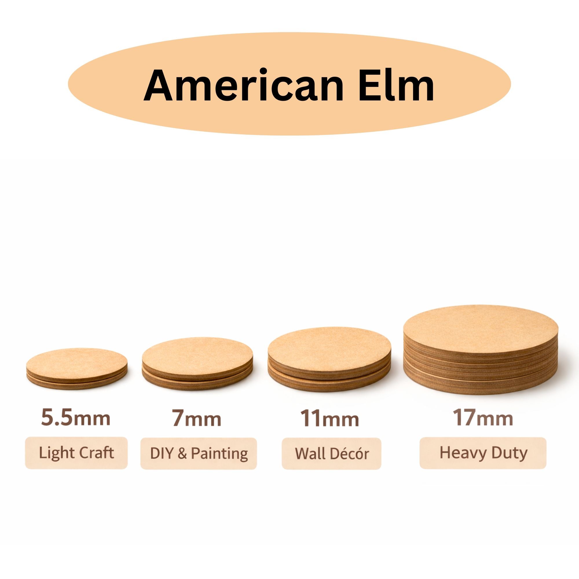 Stacks of wooden discs with thickness labels and descriptions on a white background