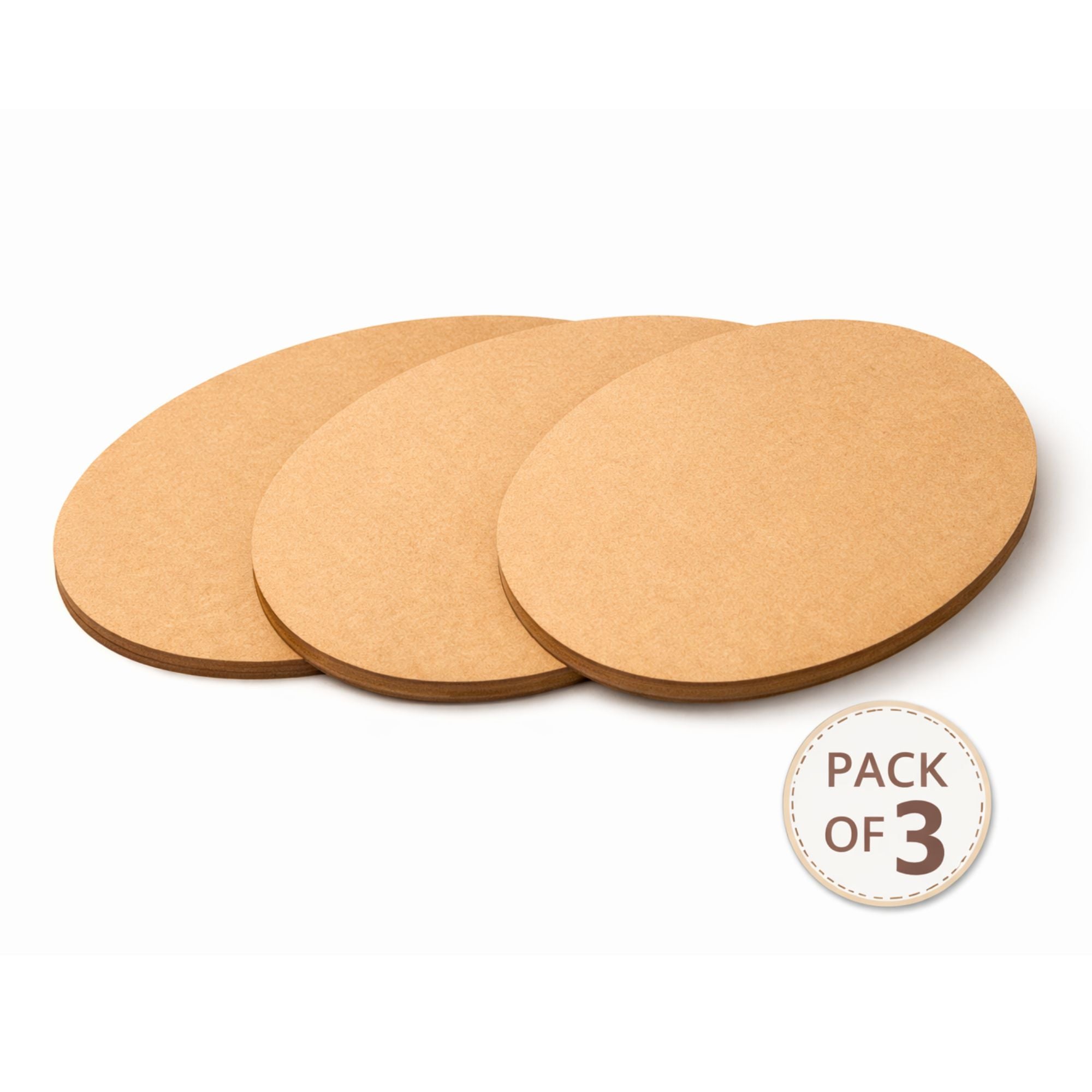 Three round cardboard coasters on a white background with 'Pack of 3' label.