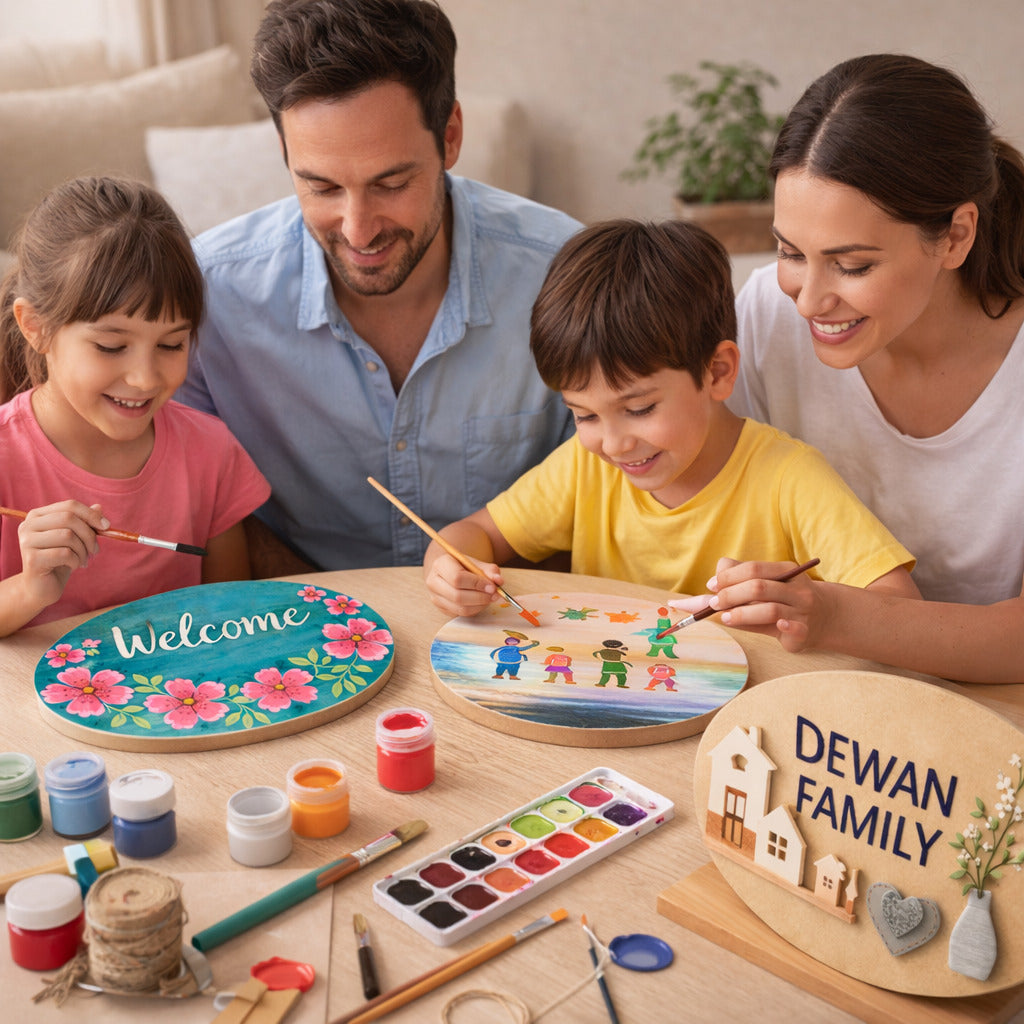 Family of four engaged in a painting activity at a table with art supplies.