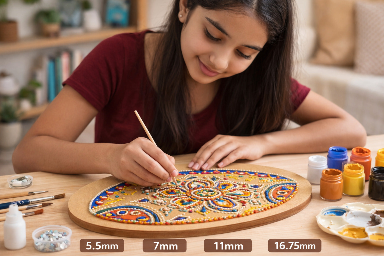 Girl painting a mandala on a wooden board with various paint containers around her.