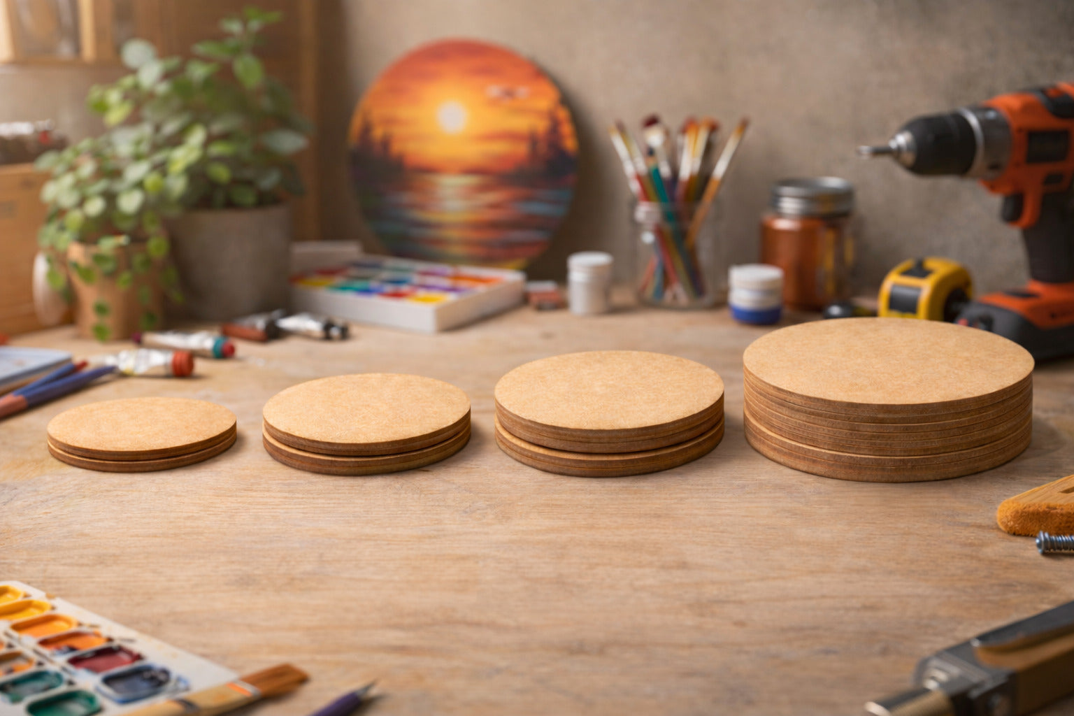 Stacks of wooden coasters on a table with art supplies and tools in the background.