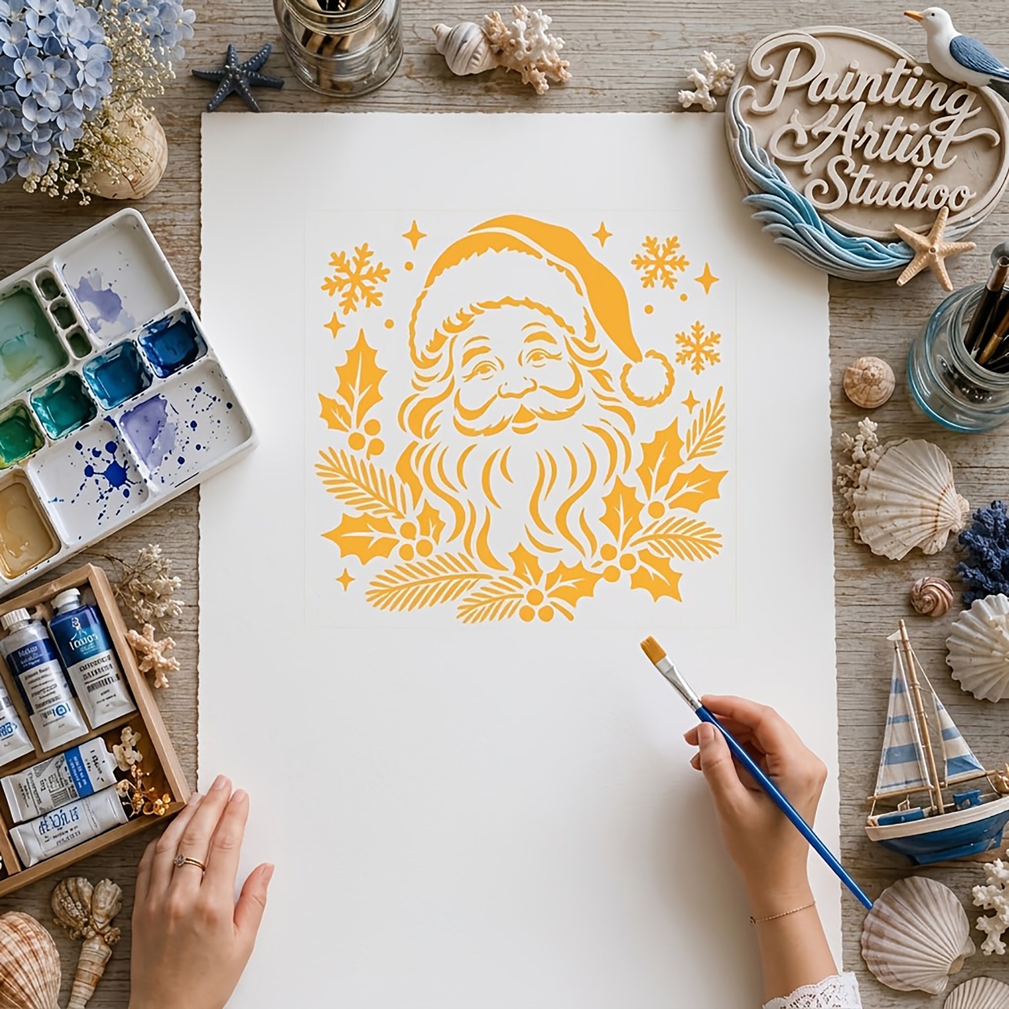 christmas santa face stencil with snowflakes and berries