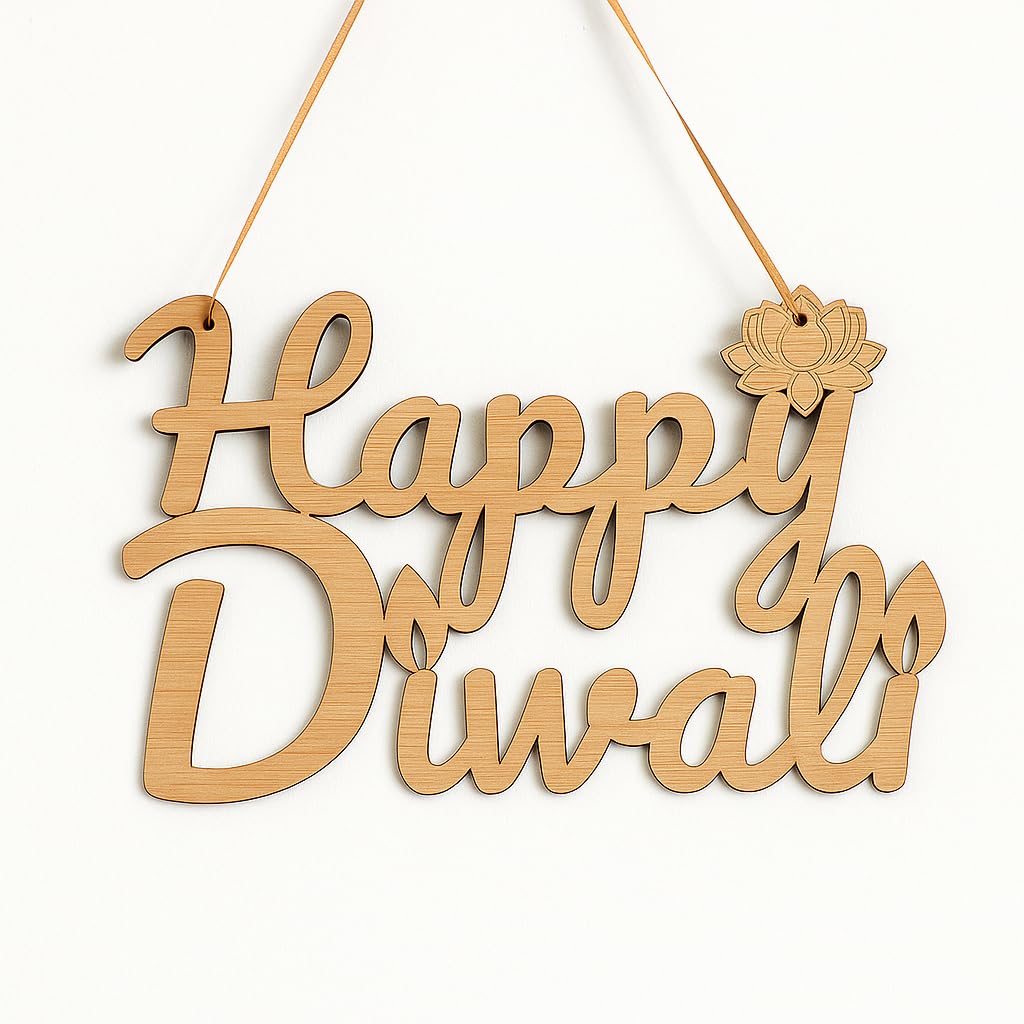 Wooden decorative sign with 'Happy Diwali' text on a white background