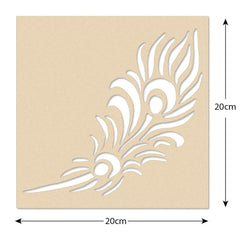 Decorative stencil with feather design on a beige background, showing dimensions.